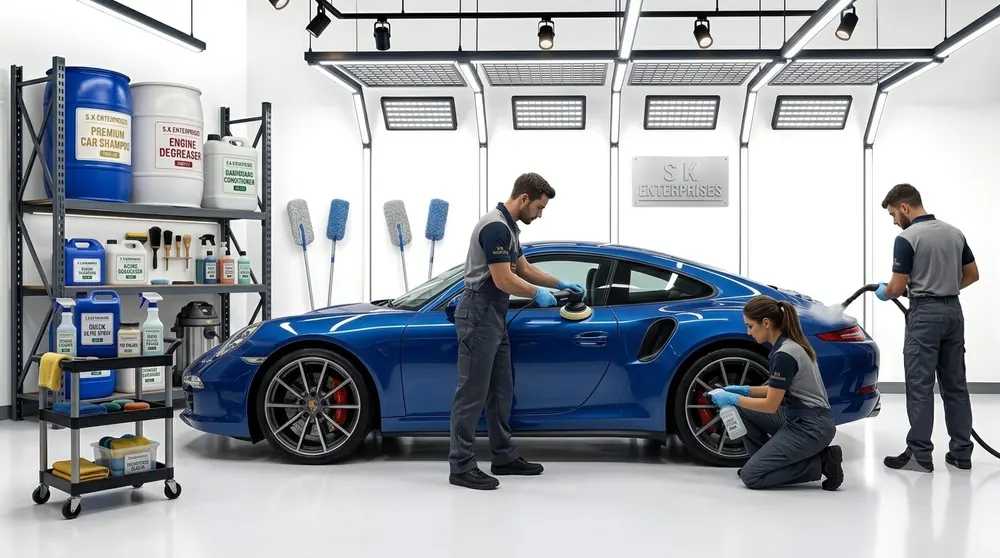 Detailing studio using S K Enterprises car care chemicals to polish a car